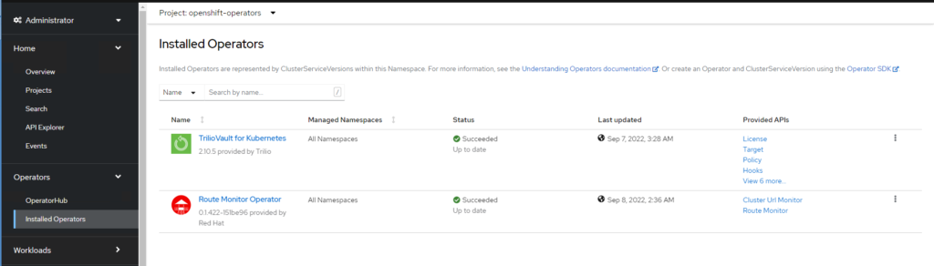 red hat openshift ui on triliovault for kubernetes operator 