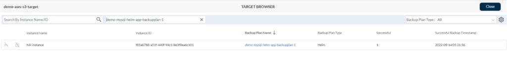 target browser tvk instance backup plan | Easy OpenShift migration to AWS using TrilioVault for Kubernetes
