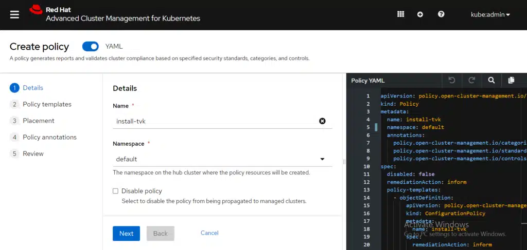 Adding Trilio for Kubernetes policy in Red Hat ACM