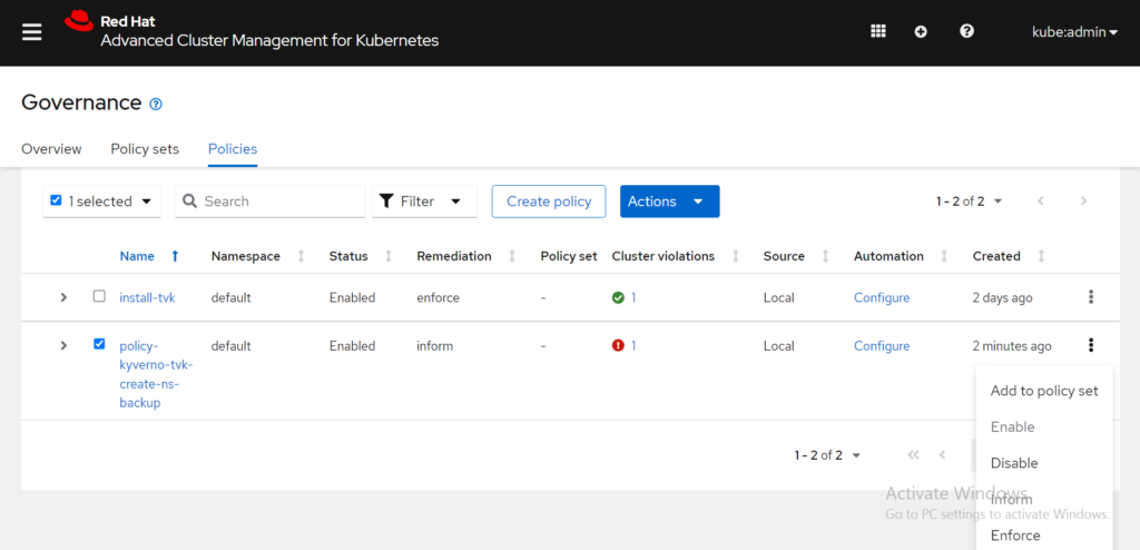 Kyverno Action List Policies Tab