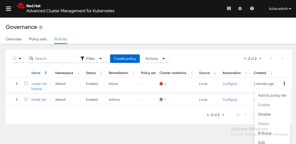 TVK Action List Policies Tab