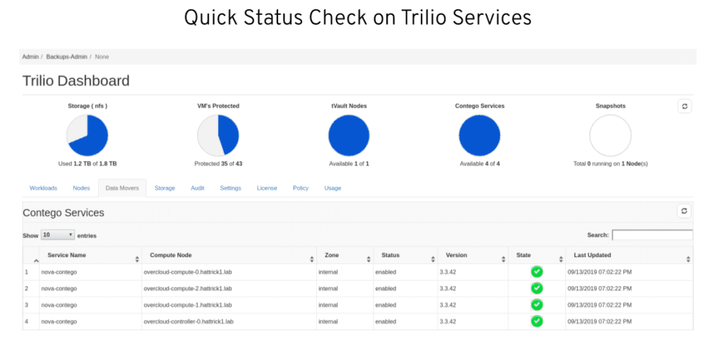 A screenshot of Trilio dashboard, where you can check status on Trilio services