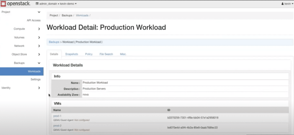 Trilio’s Workloads tab