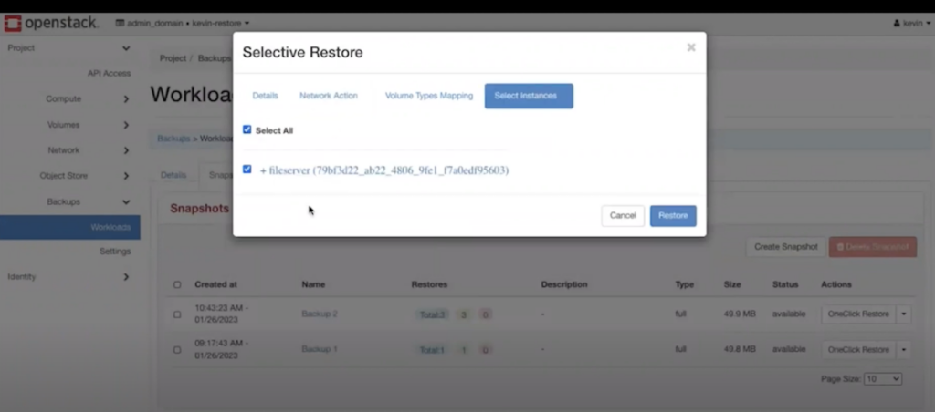 Specifying the workload to restore the network topology 