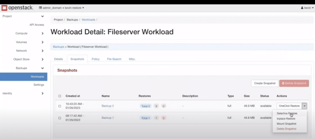 Trilio’s Workloads tab