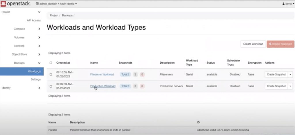 The Trilio Workload interface