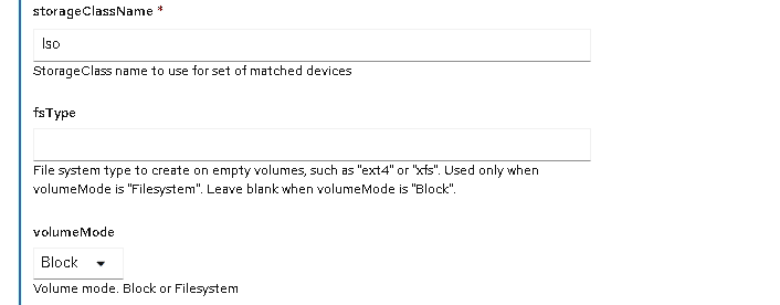 Configuring parameters for local volume creation