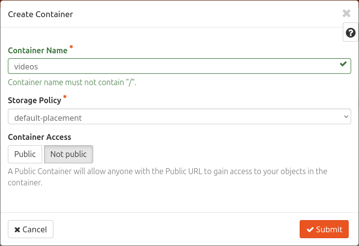 Upload files to the documents container by accessing Project > Object Store > Containers. Select the documents container and press the Upload button. In the popped-up window, select Browse and then Upload File: