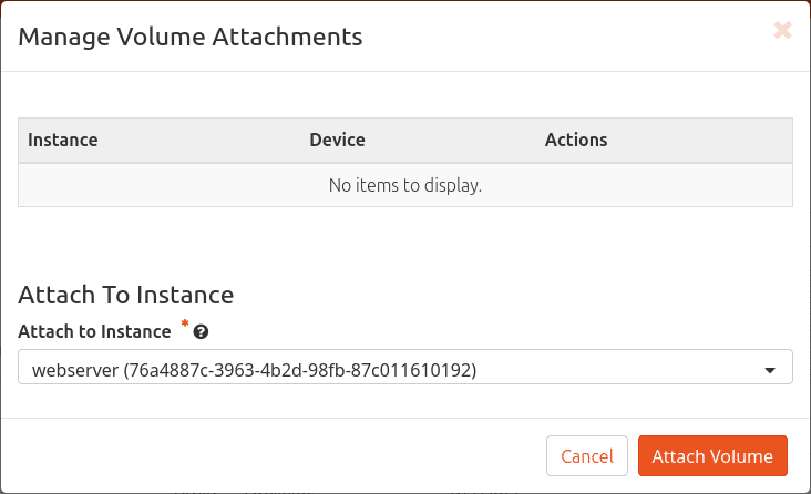 Create snapshot: Select Create Snapshot from the Actions column. Provide a snapshot name and optional description. Select Create Volume Snapshot.