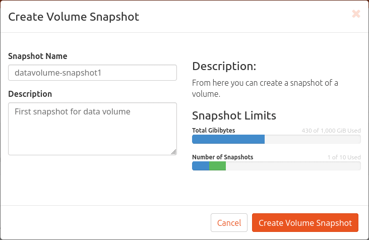 Create volume from snapshot: Select Project > Volumes > Snapshots. Under the Actions column press Create Volume. Provide the volume name, confirm the snapshot source from the drop-down and press Create Volume.