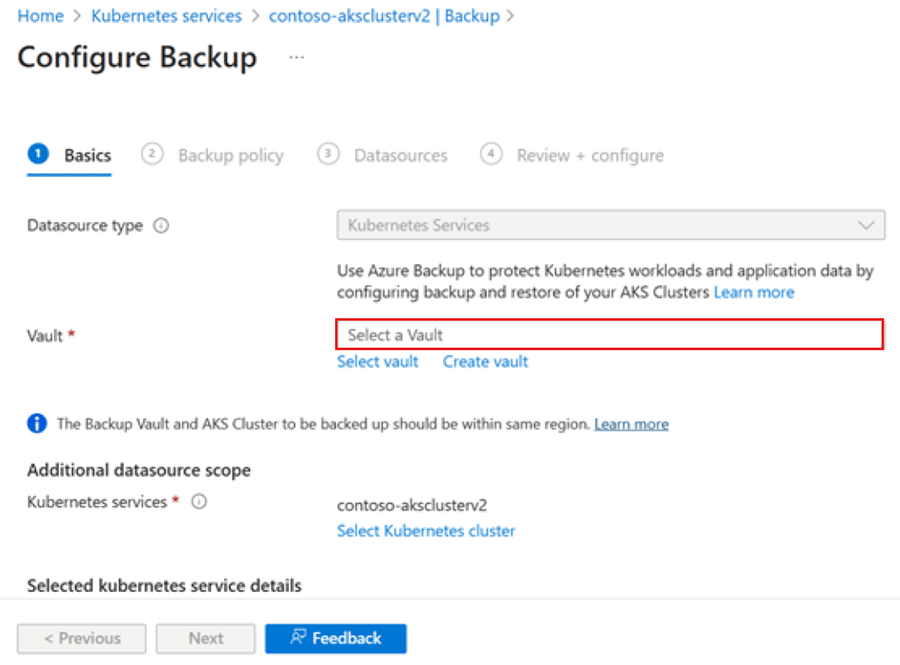Selecting the backup vault to store the backup (source)