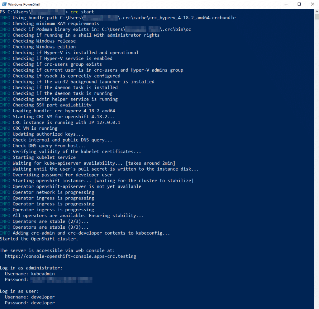 Output of crc start command on a Windows host