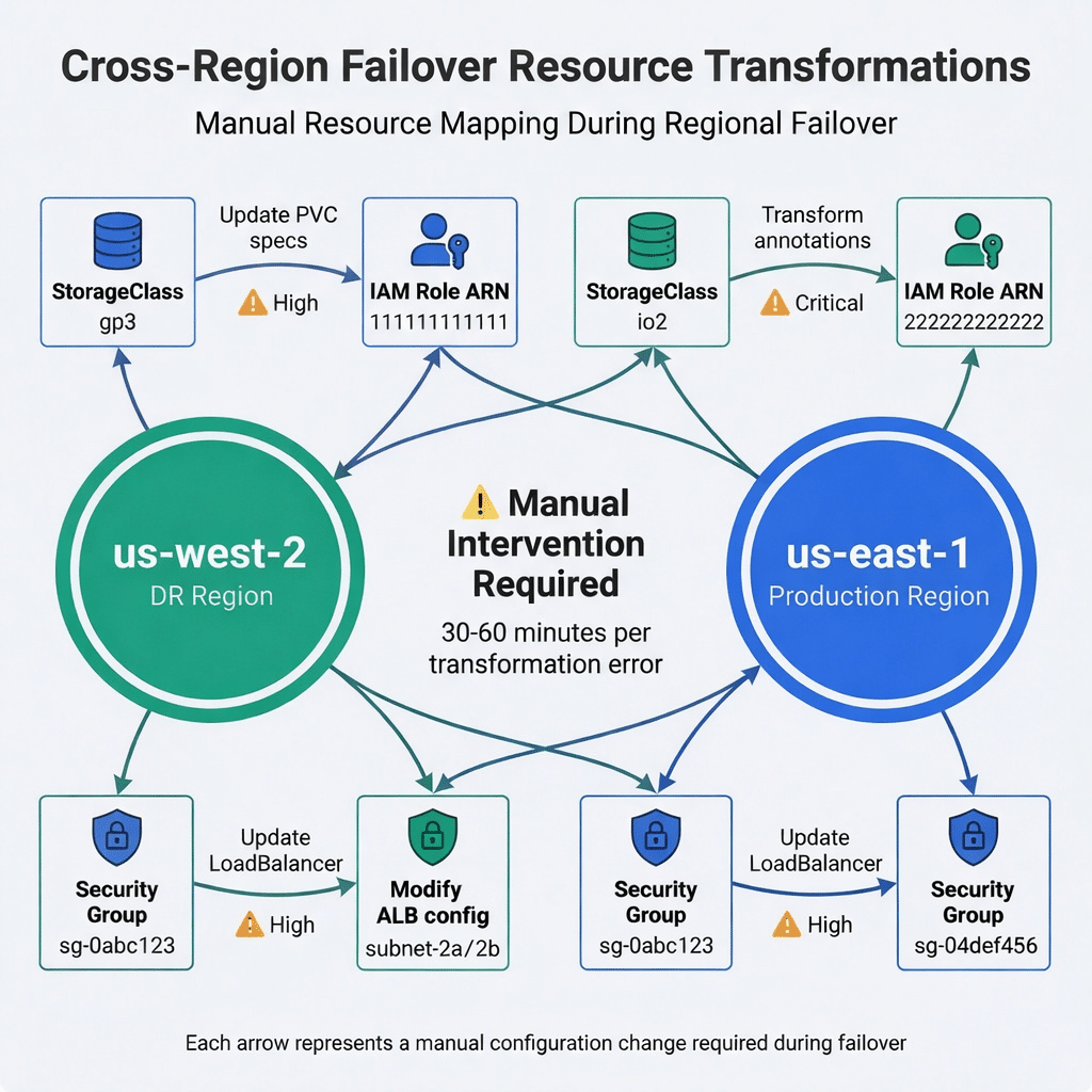 Cross-region failover resource transformations between us-east-1 (production) and us-west-2 (DR) with four manual configuration changes