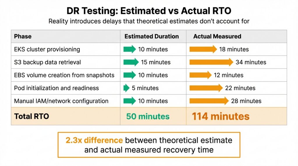 DR testing estimated vs. actual RTO across five typical recovery phases