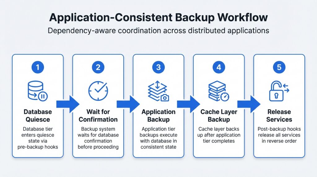 Application-consistent backup workflow with five dependency-aware stages