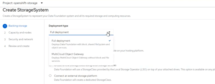 Defining backing storage deployment options
